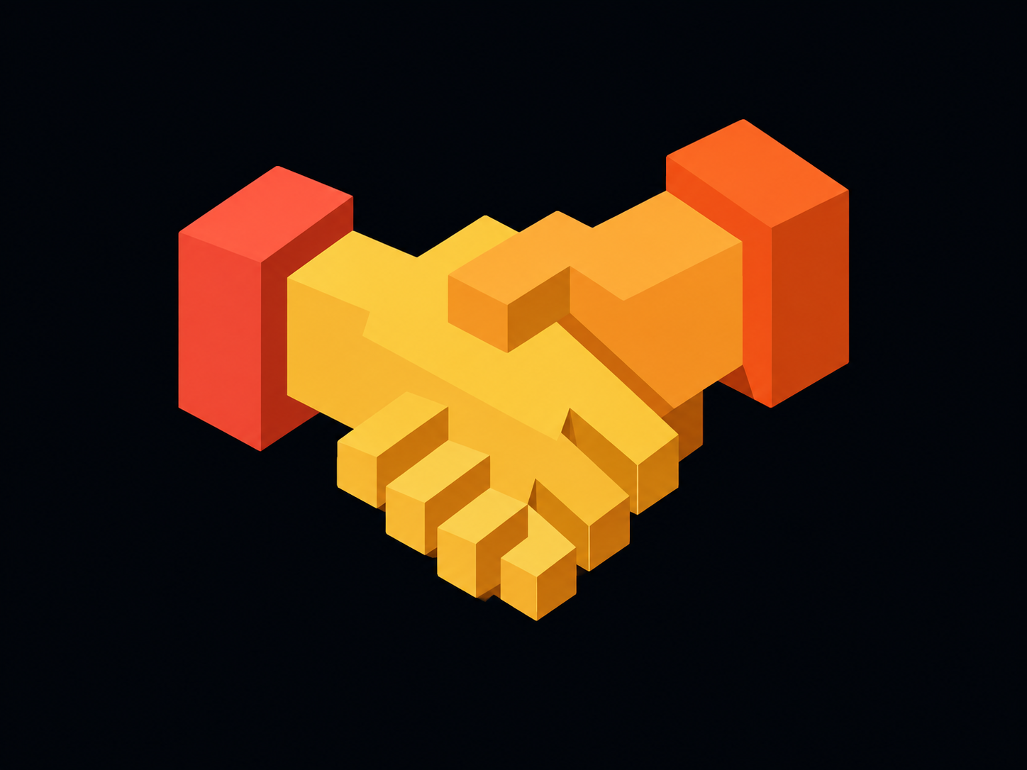 Golden block-style handshake with orange cuffs