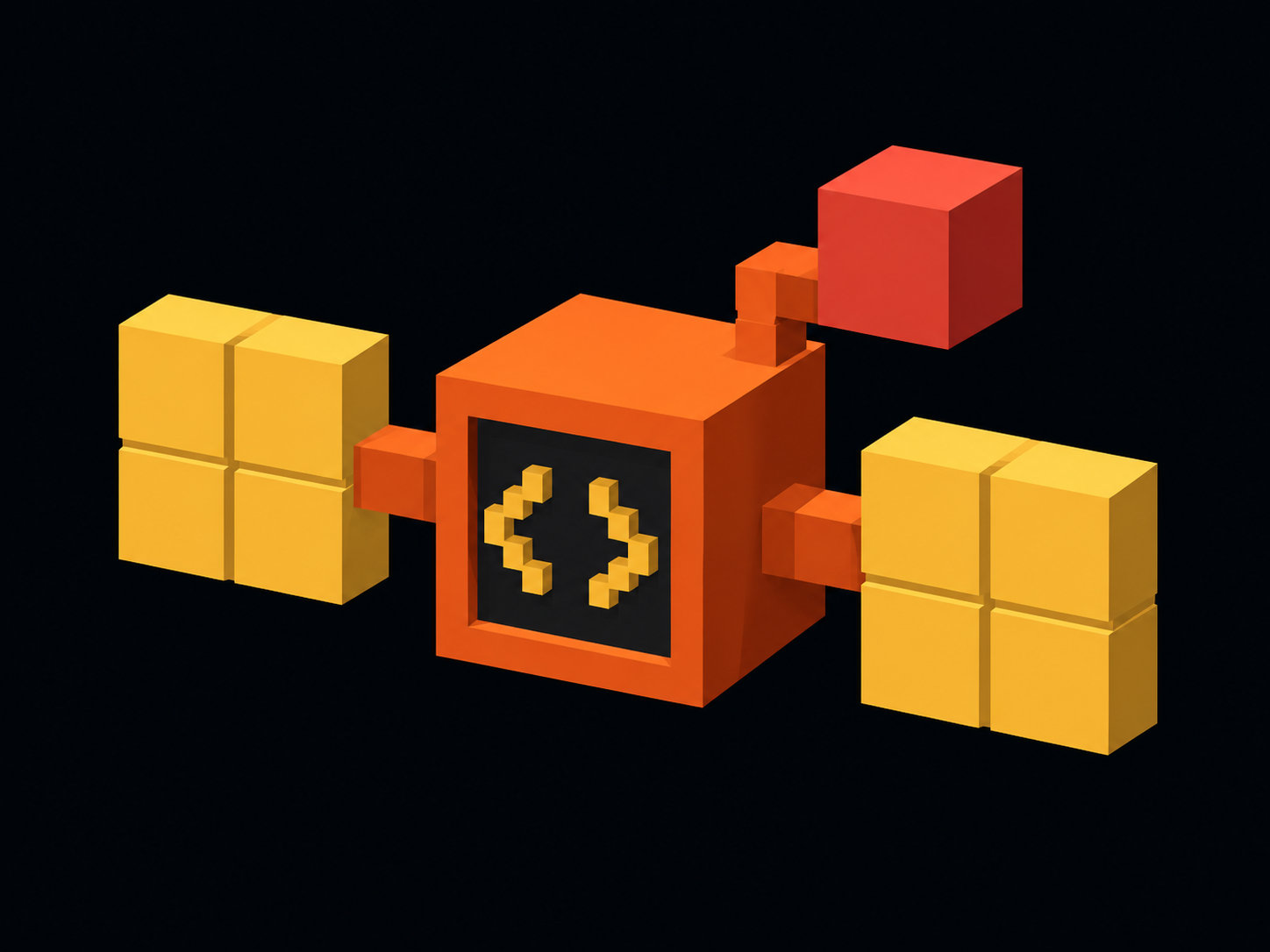 Orange block-style satellite with golden solar panels