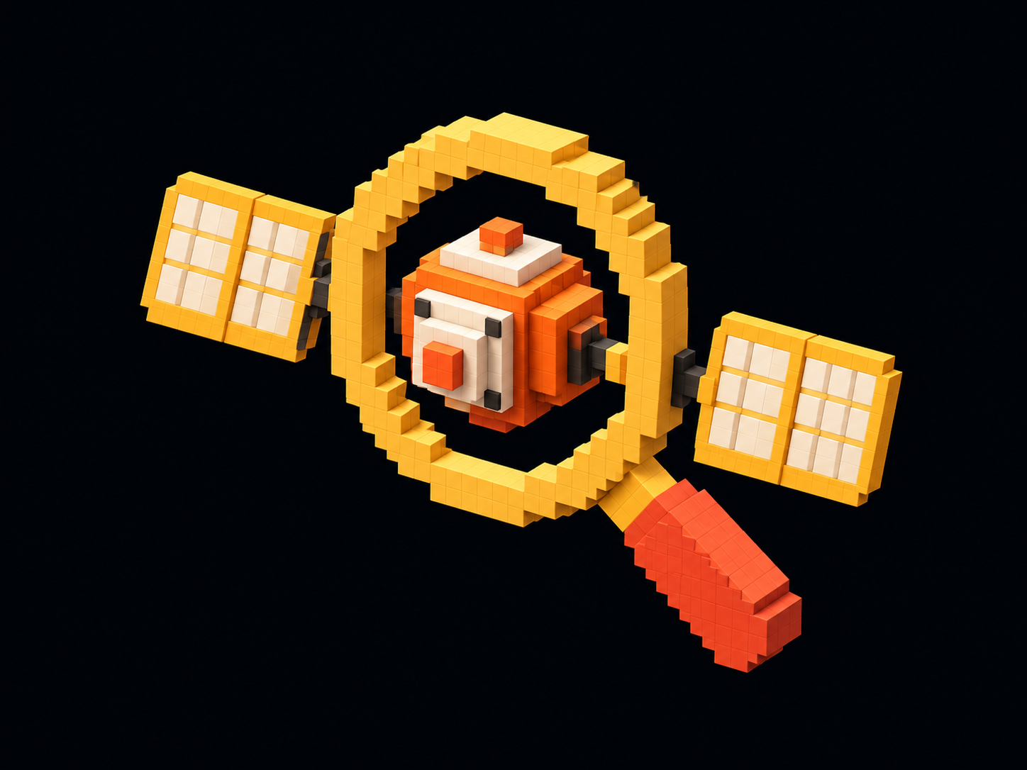 A magnifying glass examining a satellite