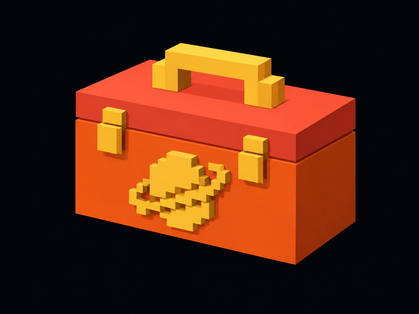 Orange toolbox with a golden planet emblem