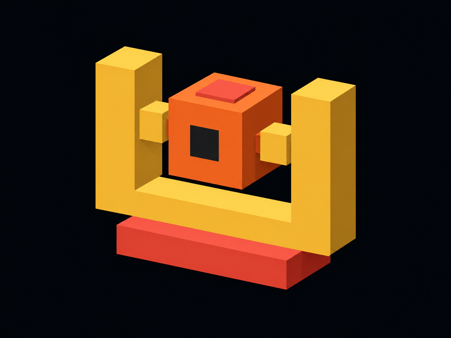 Orange voxel cube in a golden testing frame