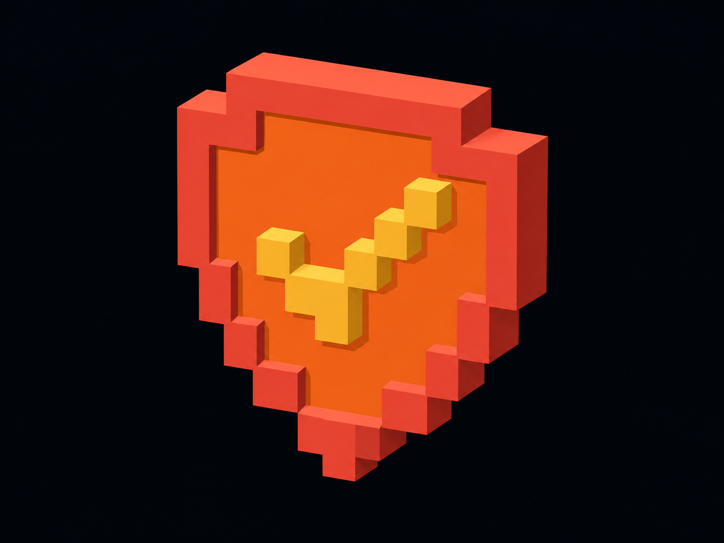 Orange voxel shield with a golden check mark